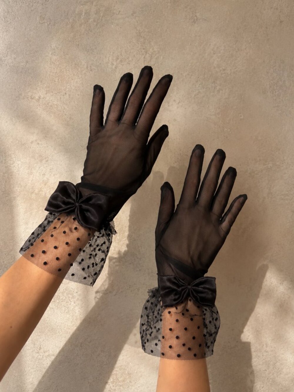 New Elegant Sheer Mesh Black Gloves With Lace Polka Dot and Bow Detail